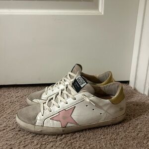 Golden Goose White Leather Sneakers with Pink Star and Gold Heel